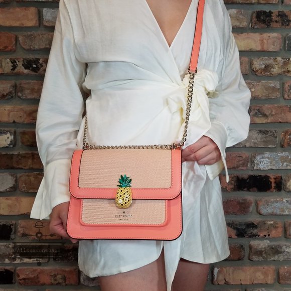 AUTHENTIC Coral Beige Kate Spade Remi Pineapple Flap Chain Crossbody CANVAS - Picture 6 of 8